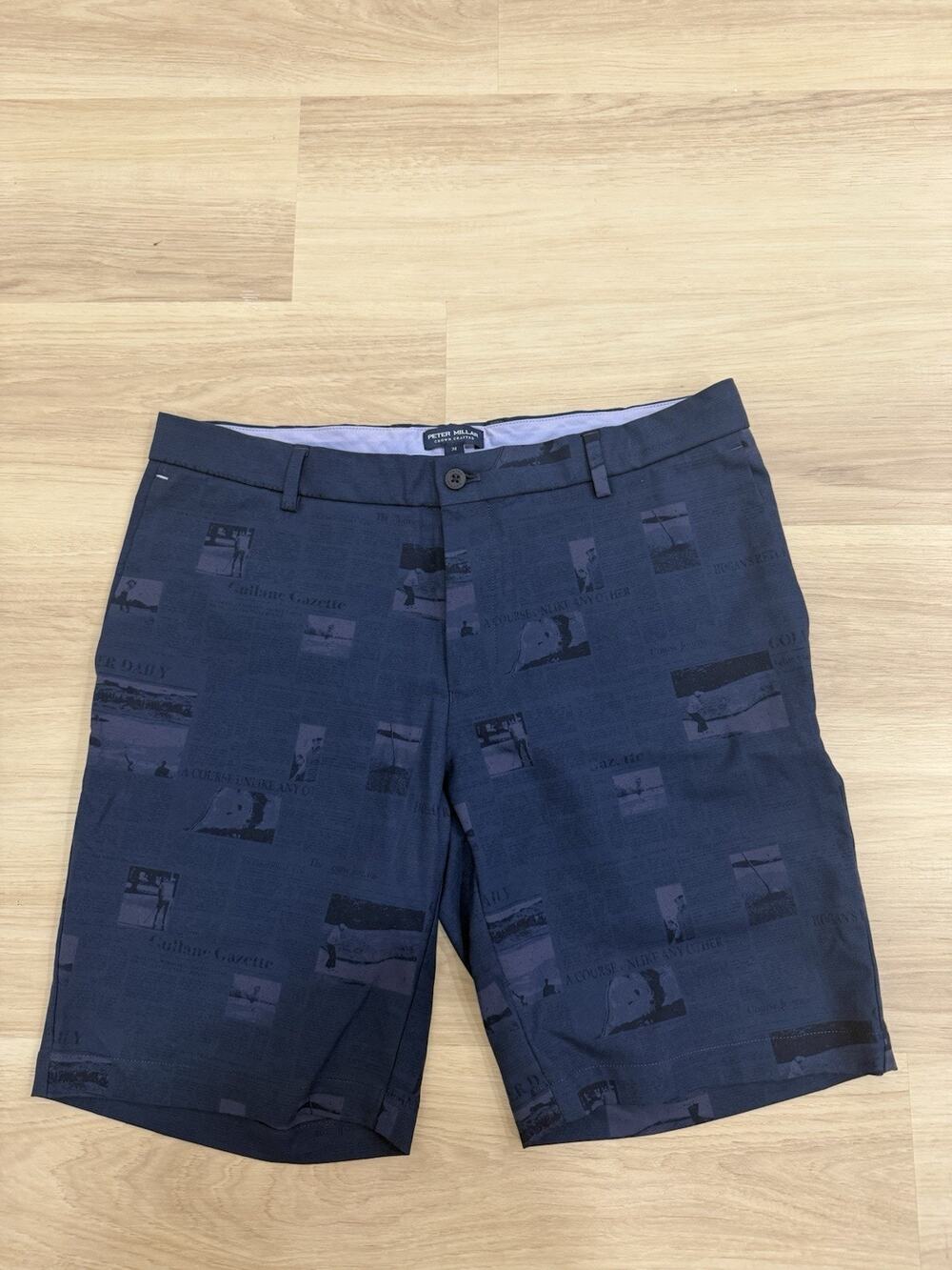 Peter Millar Crown Crafted Shorts Mens 34 Navy Golf Newspaper Print Stretch